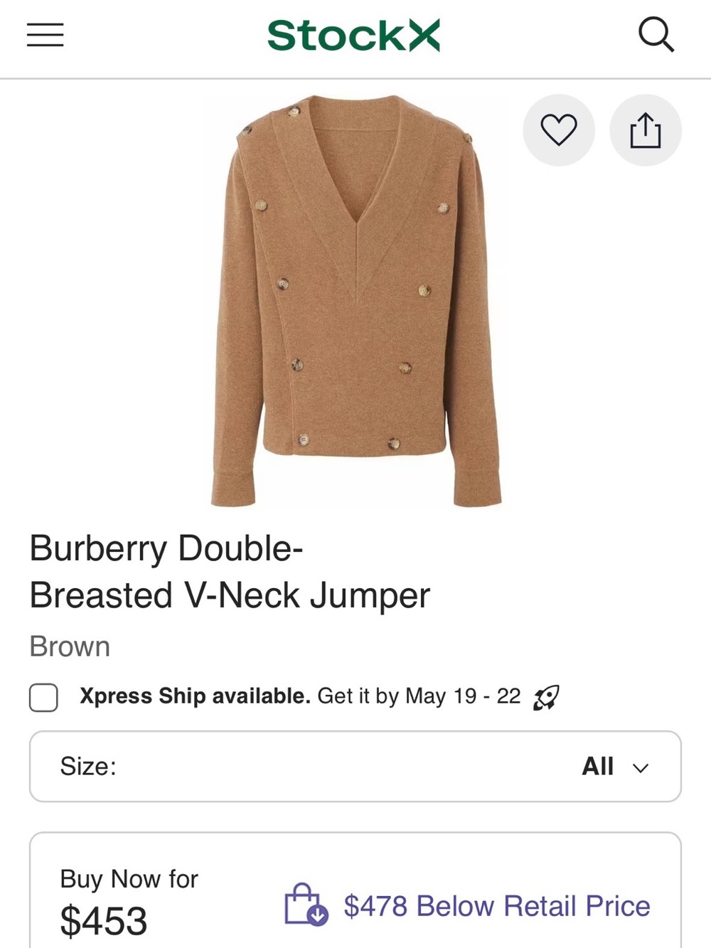 Burberry Camel Brown Double-Breasted V-Neck Sweater